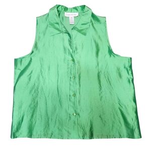 Vintage 90s Silk Green Sleeveless Button‎ Down Top Glam Quiet Luxury Tailored 16